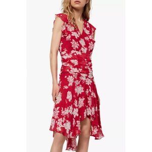 ALL SAINTS Red Floral Surplice V-Neck Short Sleeve Caris Lea Midi Dress Size 0